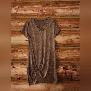 Casual Brown V-Neck Knot Front T-shirt Dress